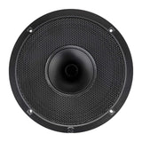 Front view of a black round speaker with a perforated grille and central horn