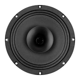 Front view of a black speaker with a wide center horn and six mounting holes