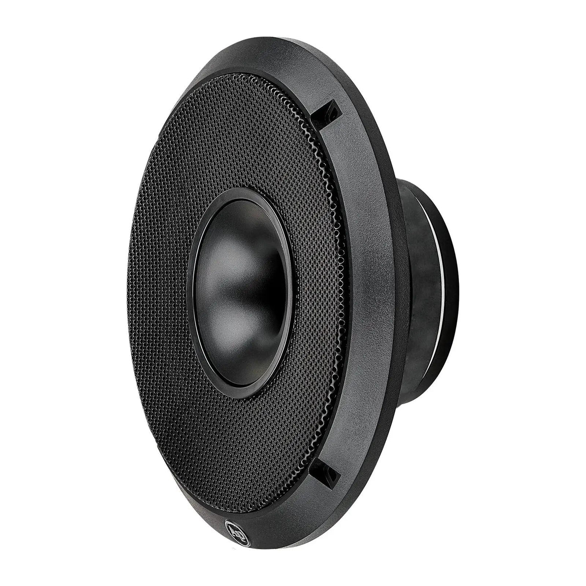 Angled black speaker with a perforated grille surrounding its exposed center horn