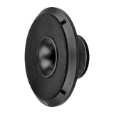 Angled black speaker with a perforated grille surrounding its exposed center horn