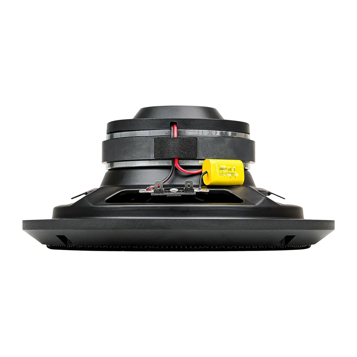Side profile of a black speaker with stacked magnets, red wiring and a yellow capacitor