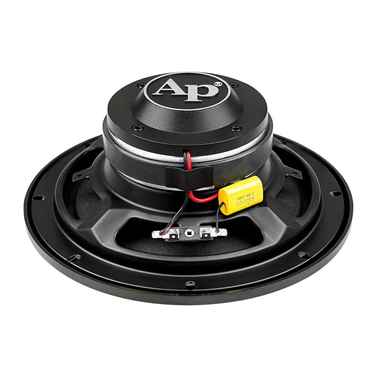 Audiopipe loudspeaker rear angle showing its black branded cover, capacitor and red wire