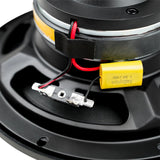 Audiopipe loudspeaker close-up showing its capacitor, terminals and red connecting wire