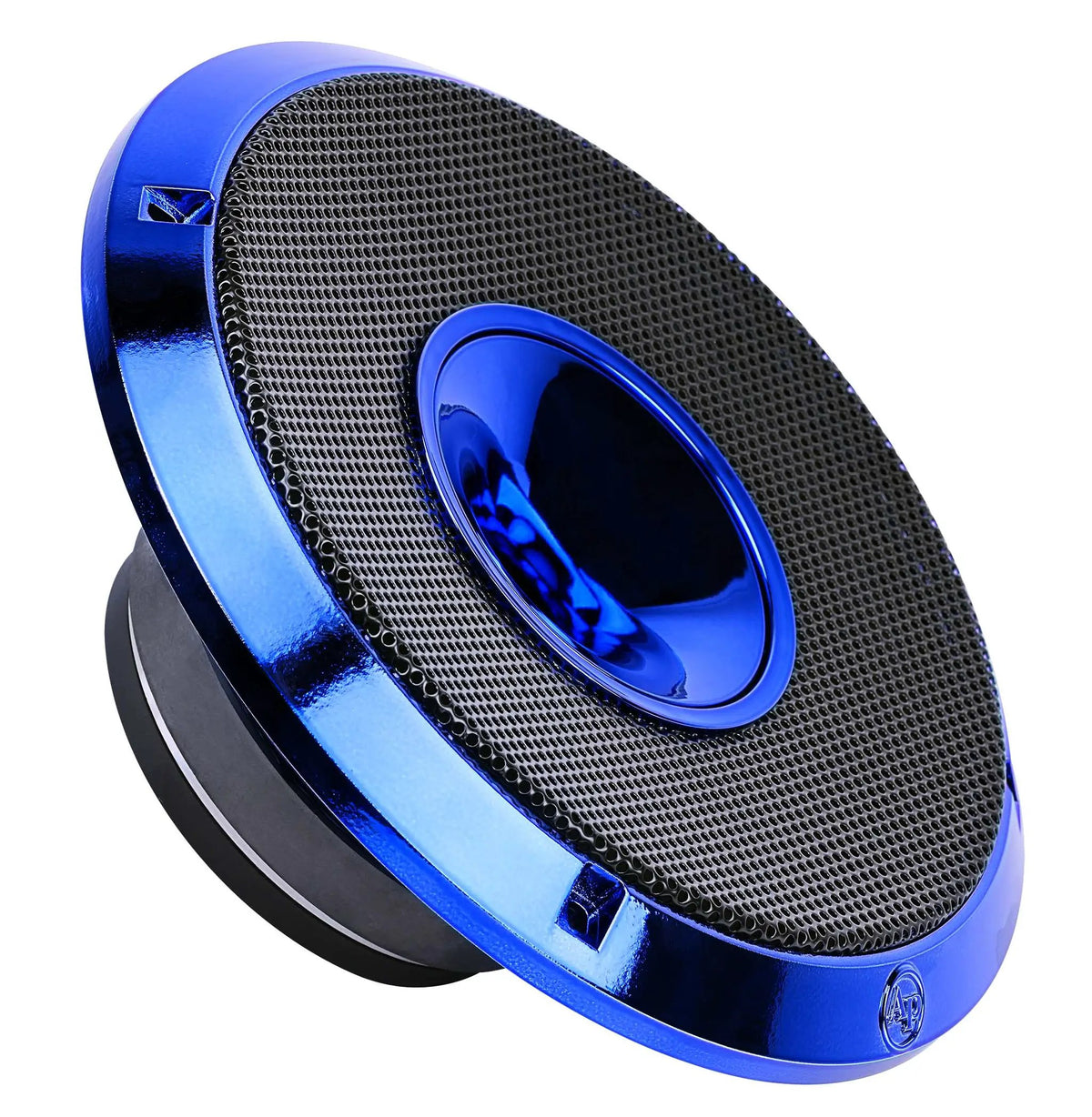 Angled front view of a blue Audiopipe speaker grille with a central horn and black perforated mesh