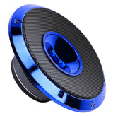 Angled front view of a blue Audiopipe speaker grille with a central horn and black perforated mesh
