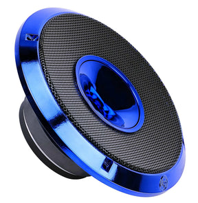 Angled front view of a blue Audiopipe speaker grille with a central horn and black perforated mesh