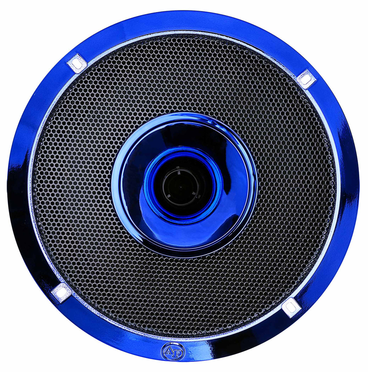 Front of a blue-trimmed speaker with a perforated grille and central blue horn