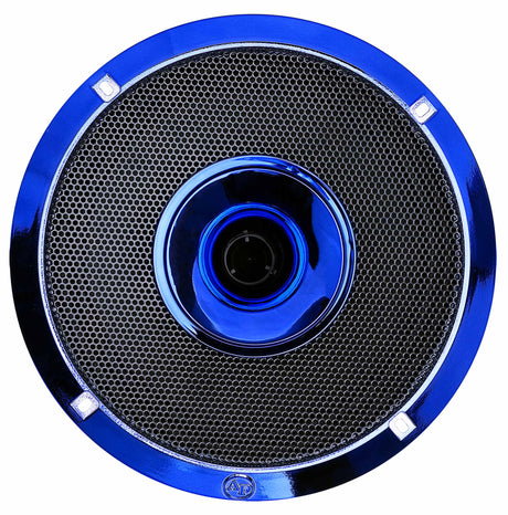 Front of a blue-trimmed speaker with a perforated grille and central blue horn