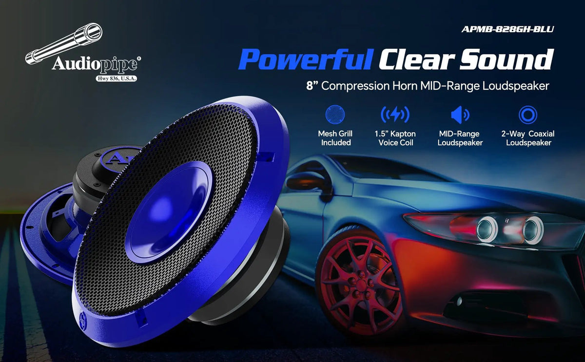 APMB-828GH-BLU feature graphic highlighting its blue horn, mesh grille and 1.5-inch voice coil
