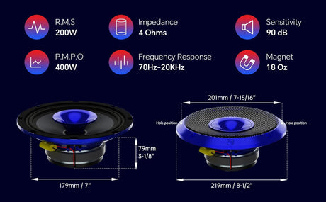 APMB-828GH-BLU specifications graphic listing 200 W RMS, 4 ohms and speaker dimensions