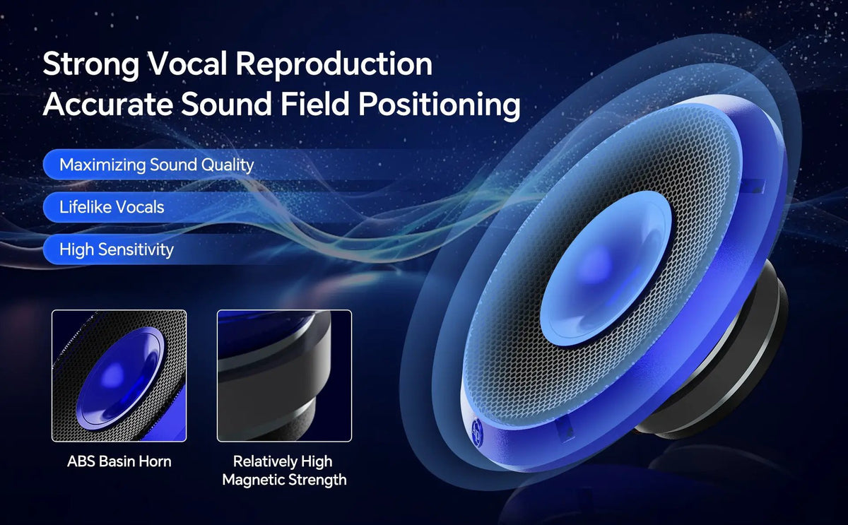Blue horn-loudspeaker graphic promoting vocal clarity and sound positioning
