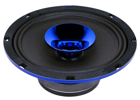 Low front angle of a blue speaker with its central horn and cone exposed