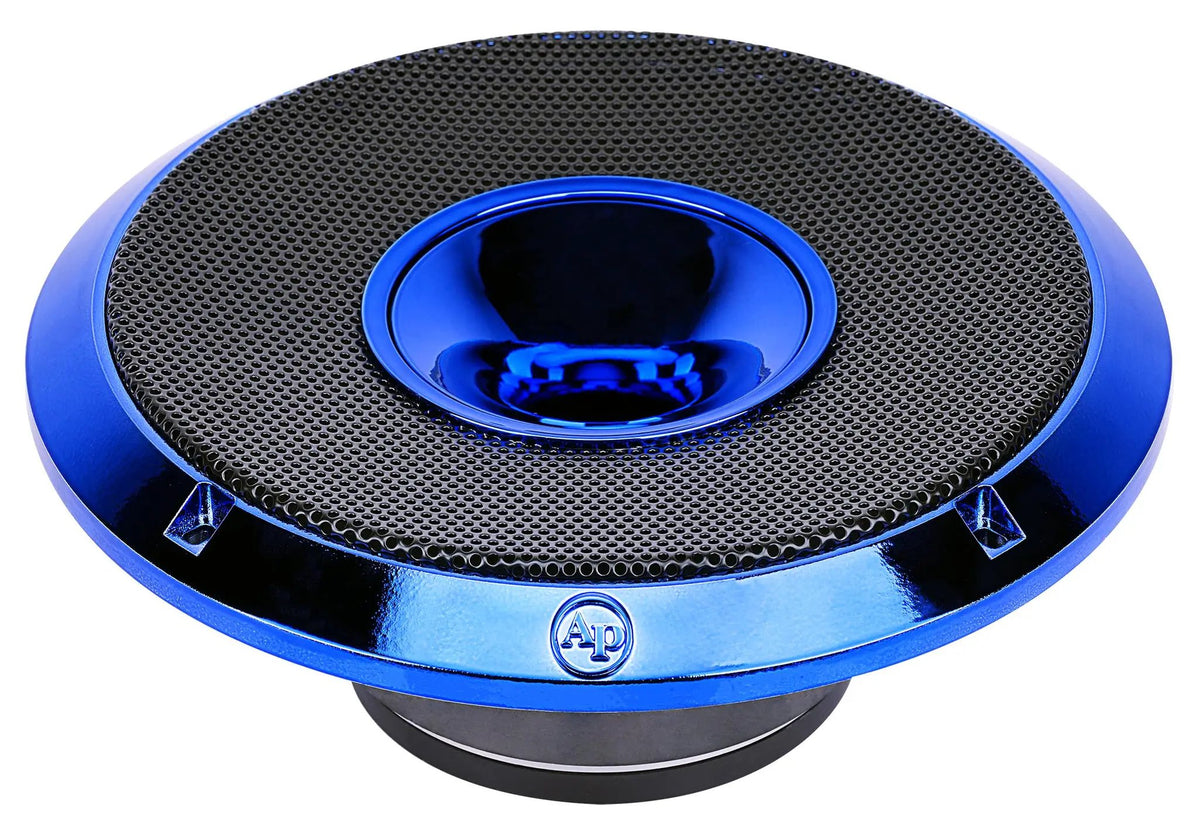 Low front angle of a blue Audiopipe speaker with black mesh and a central horn