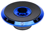 Low front angle of a blue Audiopipe speaker with black mesh and a central horn