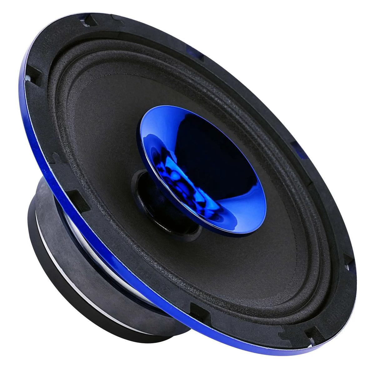 Angled front view of a blue speaker with its central horn and cone exposed
