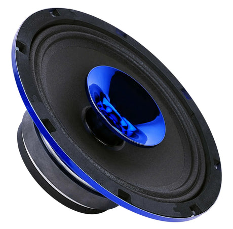 Angled front view of a blue speaker with its central horn and cone exposed