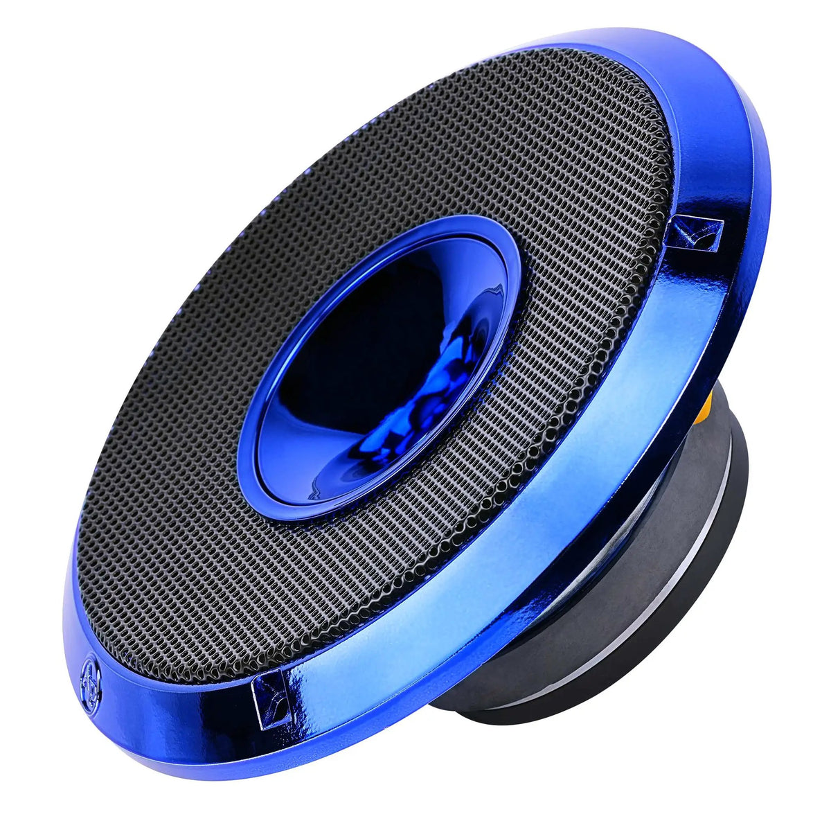 Opposite front angle of a blue Audiopipe speaker grille with black mesh and a central horn