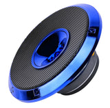 Opposite front angle of a blue Audiopipe speaker grille with black mesh and a central horn
