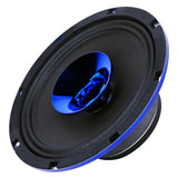 Opposite front angle of a blue speaker with its central horn and cone exposed