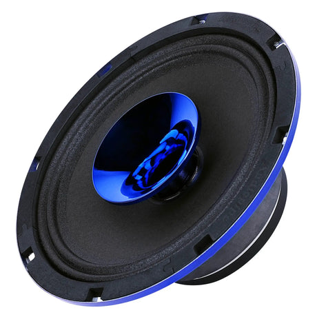 Opposite front angle of a blue speaker with its central horn and cone exposed