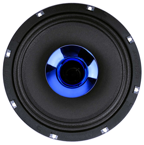 Audiopipe compression-horn loudspeaker front view with blue center horn and grille removed