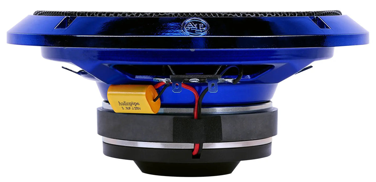 Audiopipe blue compression-horn loudspeaker side view showing its basket, magnet, capacitor and wiring