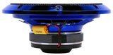 Audiopipe blue compression-horn loudspeaker side view showing its basket, magnet, capacitor and wiring