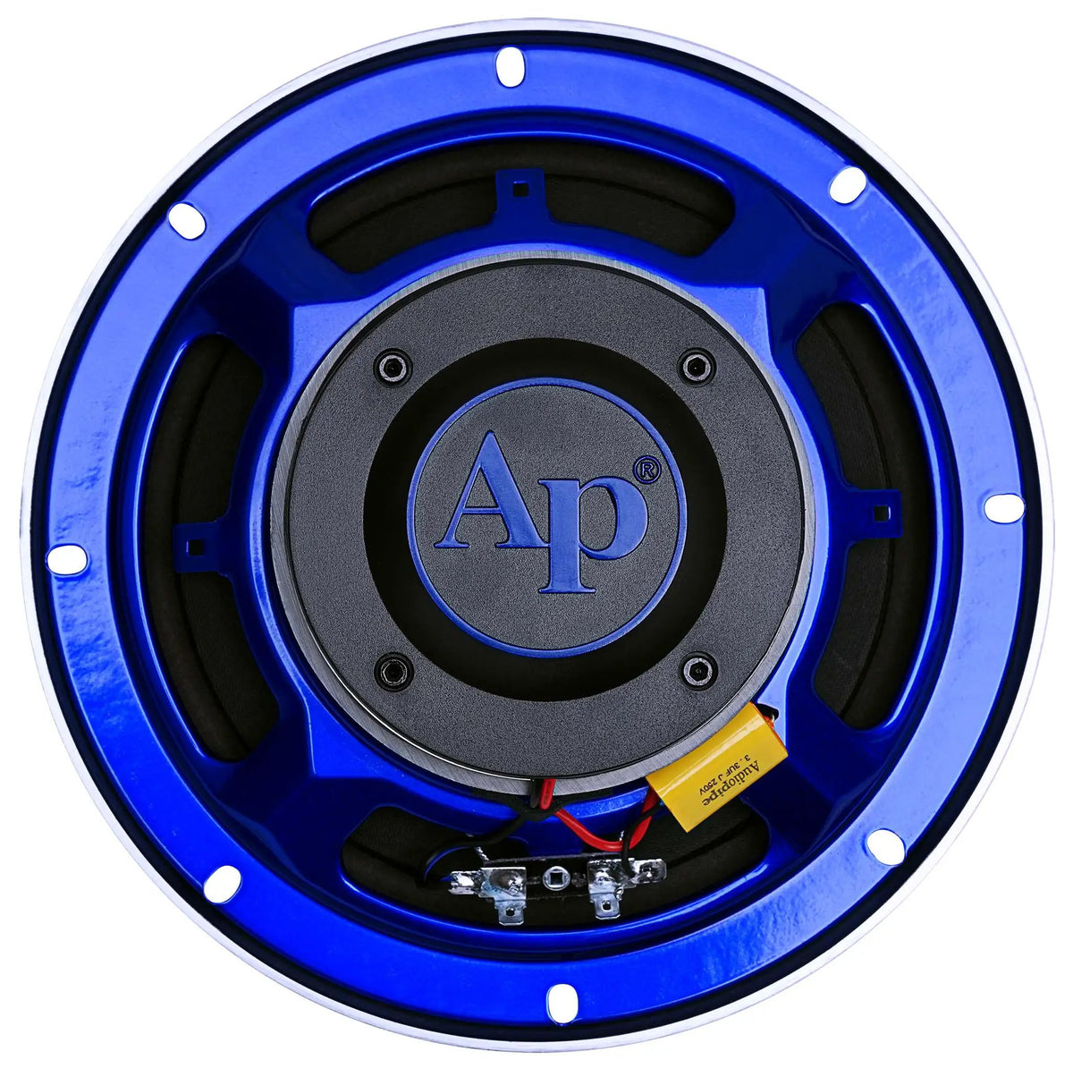Rear view of a blue Audiopipe speaker showing its AP magnet cap, crossover capacitor, wires and terminals