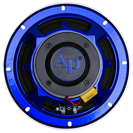 Rear view of a blue Audiopipe speaker showing its AP magnet cap, crossover capacitor, wires and terminals