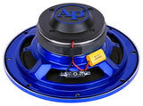 Rear angled view of a blue Audiopipe speaker showing its AP magnet cap, crossover capacitor and basket