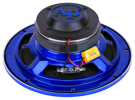 Rear angled view of a blue Audiopipe speaker showing its AP magnet cap, crossover capacitor and basket