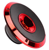 Angled view of a red speaker with a black mesh grille and red central horn