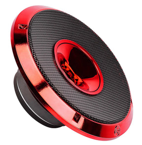 Angled view of a red speaker with a black mesh grille and red central horn