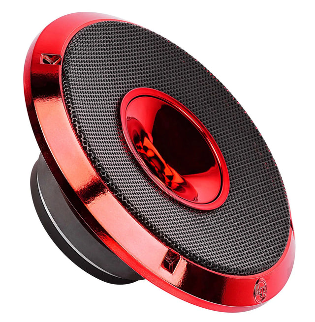 Angled view of a red speaker with a black mesh grille and red central horn