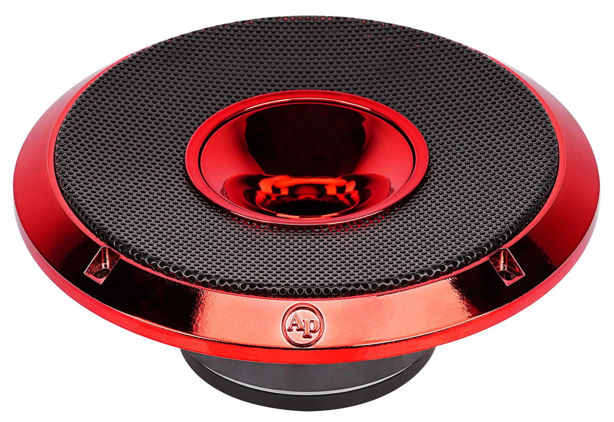Red-trimmed round speaker with a black perforated grille and central red horn