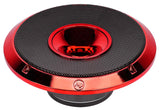 Red-trimmed round speaker with a black perforated grille and central red horn