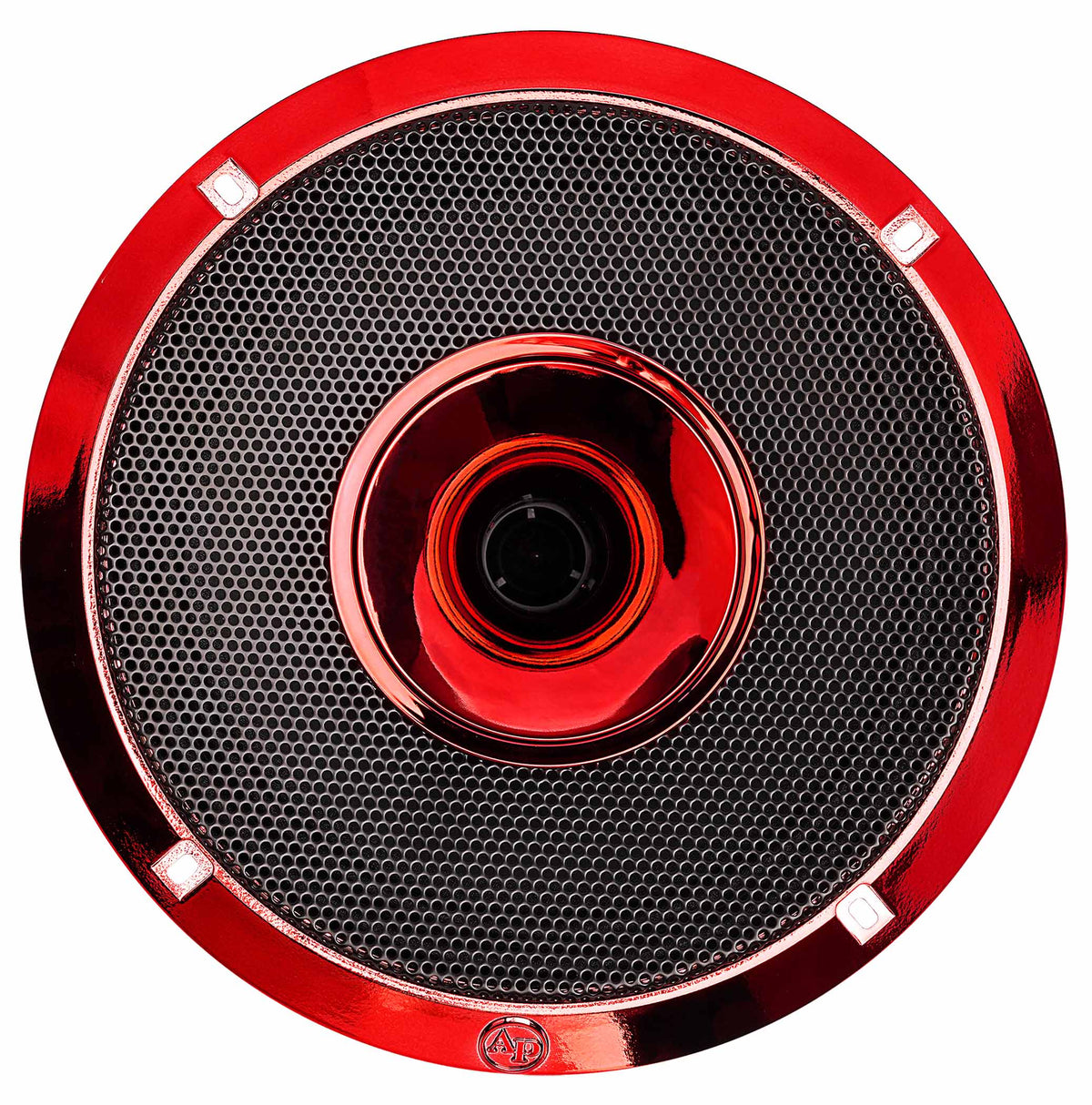 Red Audiopipe horn speaker with a black mesh grille, front view