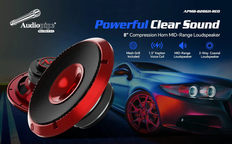 APMB-828GH-RED graphic promoting clear sound, an 8-inch compression-horn speaker, mesh grille and 1.5-inch Kapton voice coil
