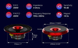 Red horn-speaker specification diagram: 200 W RMS, 4 ohms, 219 mm overall diameter, 201 mm mounting-hole spacing, 179 mm cutout and 79 mm depth