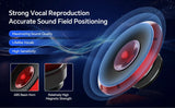 Red horn-loudspeaker graphic promoting vocal clarity, sensitivity and sound positioning