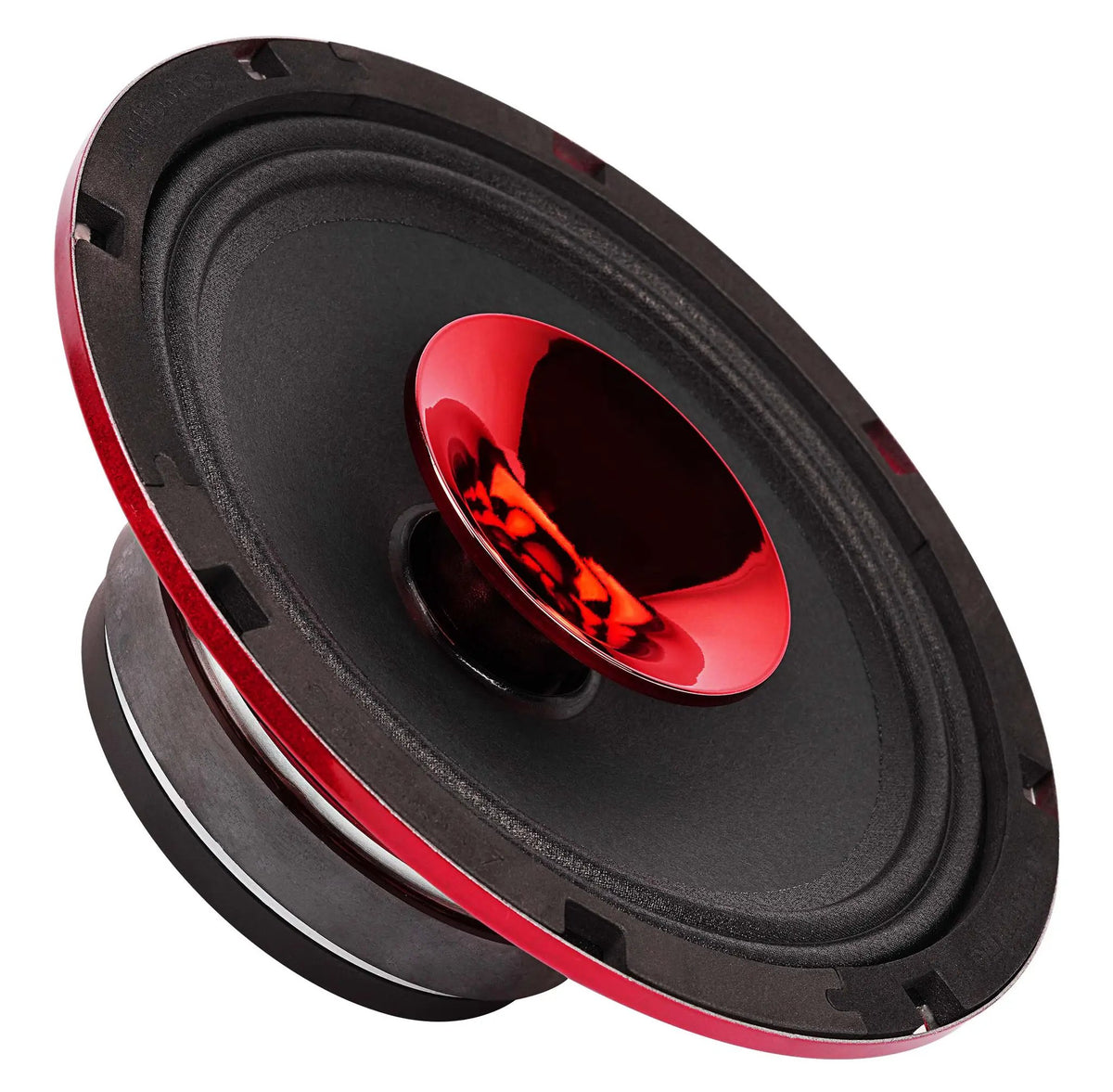 Red horn speaker front angle with a black cone and glossy red center horn