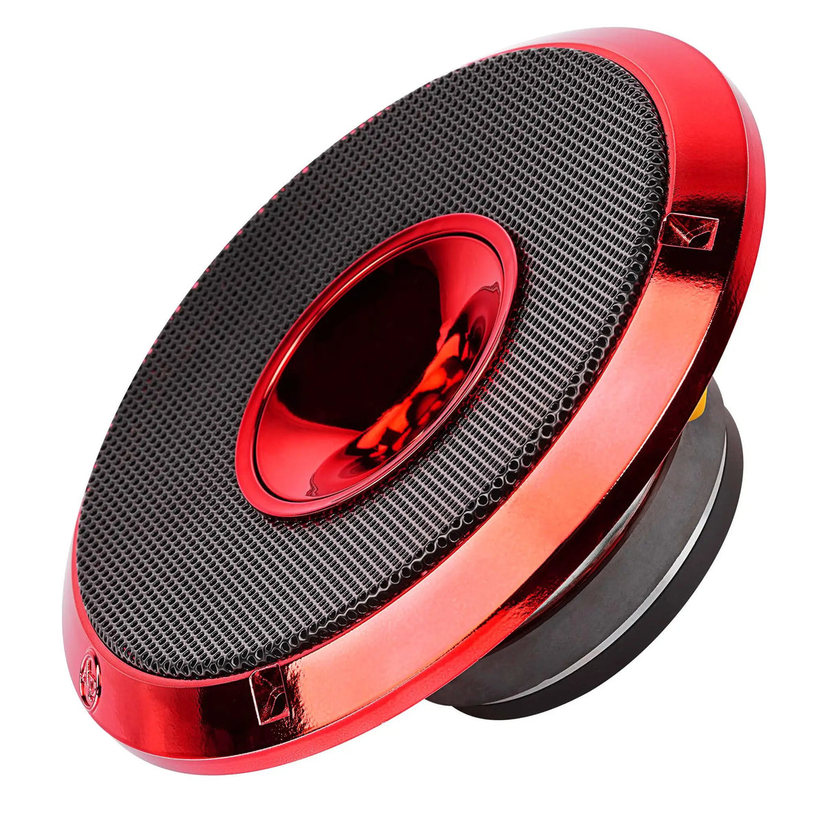 Red Audiopipe horn speaker with a black mesh grille, angled view