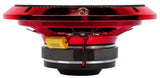 Red horn speaker side view showing the basket, magnet, wiring and yellow capacitor