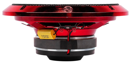 Red horn speaker side view showing the basket, magnet, wiring and yellow capacitor