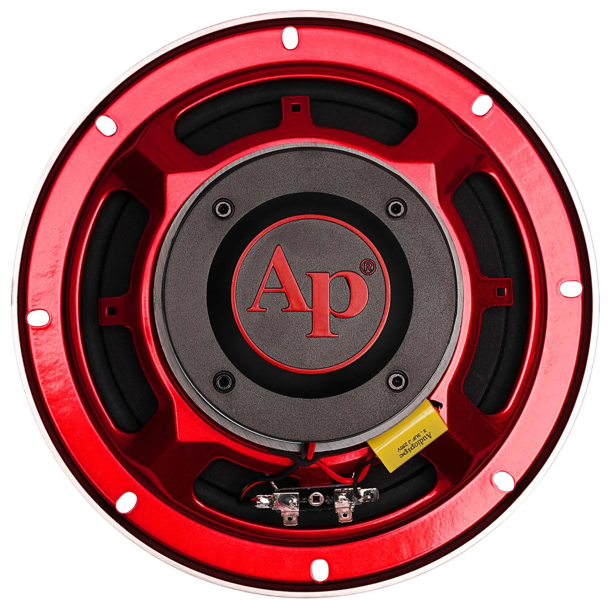 Red horn speaker rear view showing the AP logo, terminals and yellow capacitor