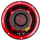 Red horn speaker rear view showing the AP logo, terminals and yellow capacitor