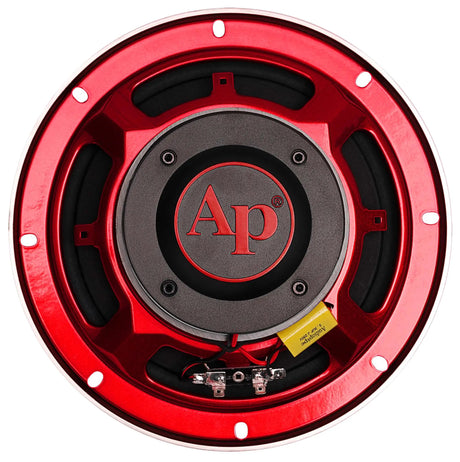 Red horn speaker rear view showing the AP logo, terminals and yellow capacitor