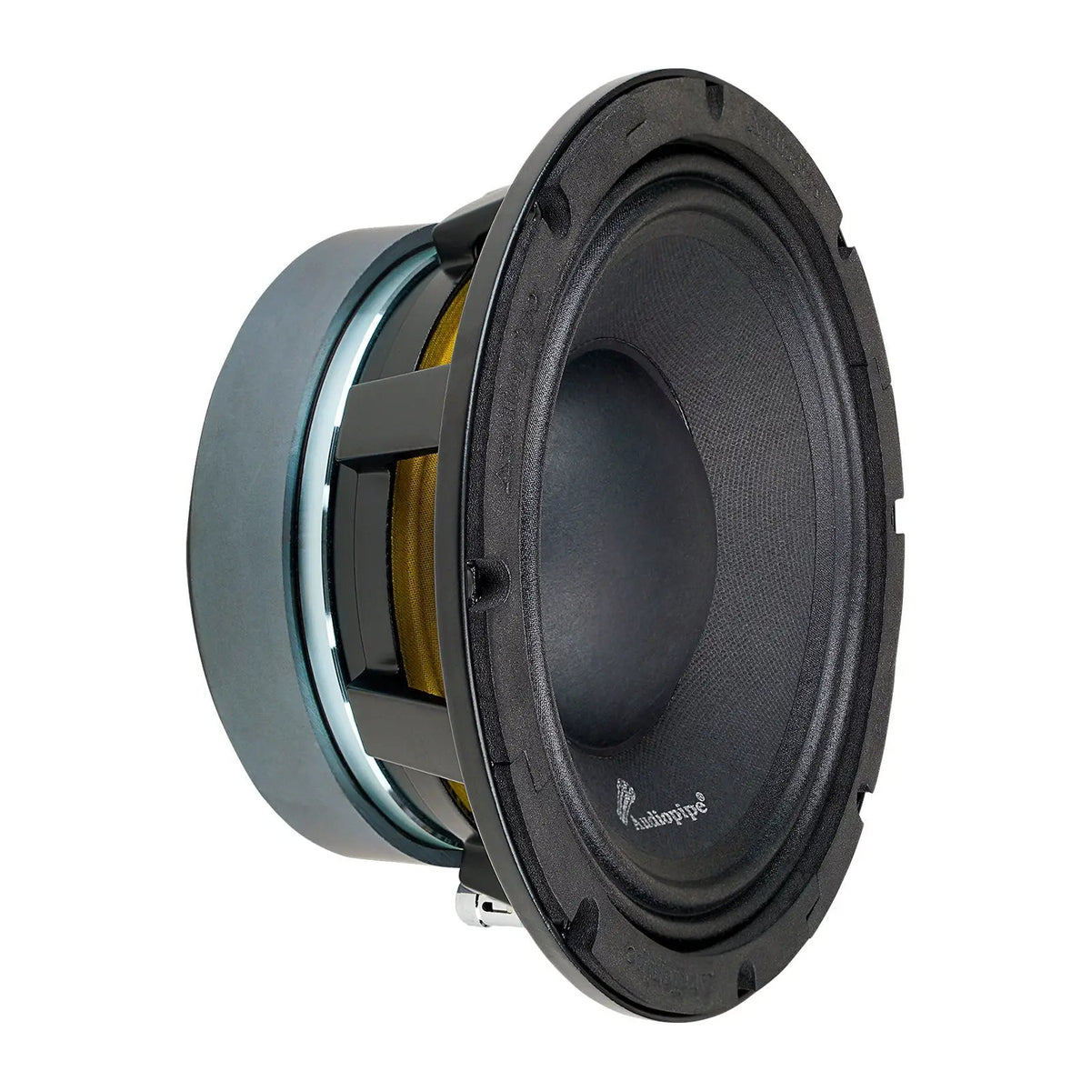 Angled black Audiopipe speaker showing its cone, open basket and yellow suspension