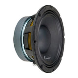 Angled black Audiopipe speaker showing its cone, open basket and yellow suspension