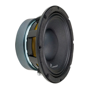 Angled black Audiopipe speaker showing its cone, open basket and yellow suspension